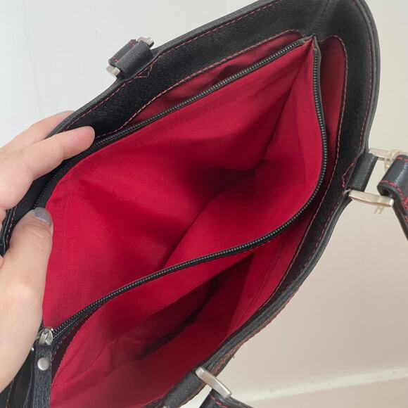 Vintage Liz Claiborne Floral Tote Bag Navy Red Embroidered Linen Cotton Boho Y2K - Picture 8 of 14